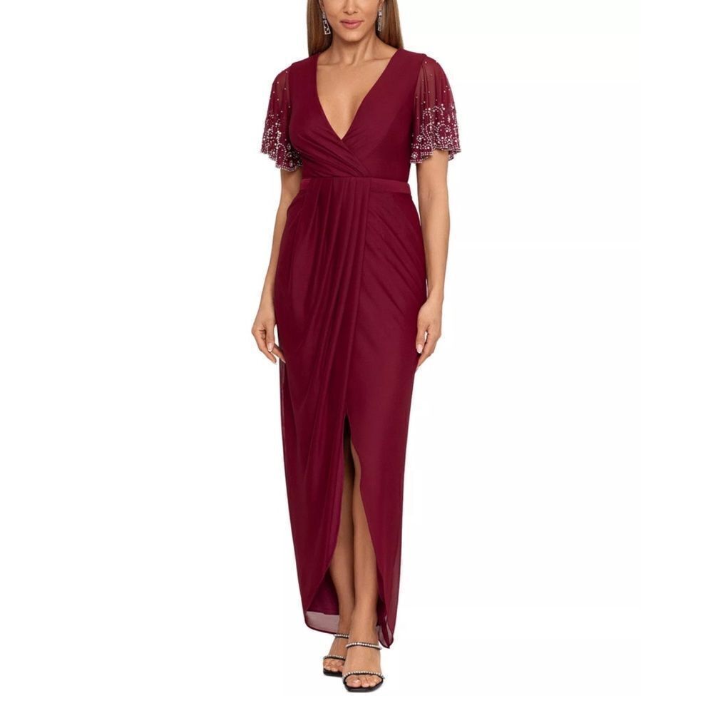 Betsy & Adam Burgundy Beaded Sleeve V-Neck Gown